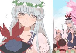  2boys 3girls :o big_hair blue_dress blue_headwear blue_sky bow carrying cherry_blossoms cloud collarbone day dress faceless from_behind fujiwara_no_mokou giving grass grey_hair hairbow hand_over_another&#039;s_eyes happy hat head_tilt head_wreath highres holding holding_clothes holding_hat holding_stick japanese_clothes kamishirasawa_keine kerok_(joniko1110) layered_dress long_hair long_sleeves looking_at_another looking_down looking_up multiple_boys multiple_girls one-hour_drawing_challenge outdoors pants piggyback puffy_short_sleeves puffy_sleeves red_neckwear red_pants shirt short_sleeves sidelocks simple_background sky sleeveless sleeveless_dress smile stick suspenders touhou translated unworn_hat unworn_headwear very_long_hair white_background white_dress white_shirt |_| 