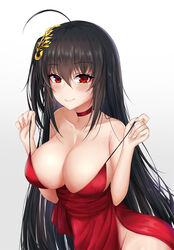  azur_lane bare_shoulders black_hair blush breasts choker cleavage cocktail_dress commentary_request dress female gradient_background hair_between_eyes hair_ornament highres huge_breasts long_hair looking_at_viewer official_alternate_costume partial_commentary red_choker red_dress red_eyes smile solo taihou_(azur_lane) taihou_(forbidden_feast)_(azur_lane) thighs very_long_hair zeukiar 