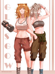  2020 2girls afureru_colors animal_ears arknights arm_up artist_name bandeau bare_arms bare_shoulders blonde_hair breasts brown_eyes cleavage collarbone commentary dumbbell feet_out_of_frame grey_hair grey_pants grey_sports_bra highres holding indra_(arknights) knee_pads large_breasts lion_ears locked_arms long_hair looking_at_viewer midriff mouth_hold multiple_girls navel pants profile red_pants siege_(arknights) simple_background sports_bra standing stomach strapless sweatpants tiger_ears tube_top white_background white_sports_bra 