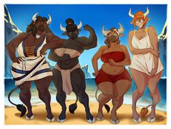  2022 4:3 absurd_res anthro bandeau beach big_breasts black_body black_fur black_hair blue_eyes bottomwear bovid bovine breasts brown_body brown_fur brown_hair cleavage clothed clothing clothing_grab clothing_pull daughter_(lore) detailed_background digit_ring dress eleutheria_avarta european_mythology eyewear female finger_ring flexing fur glasses greek_mythology group hair hi_res hooves horn humanoid_hands iolanta_avarta jewelry korinna_avarta larger_female loincloth mammal mature_female minotaur mother_(lore) mother_and_child_(lore) mother_and_daughter_(lore) mountain muscular muscular_anthro muscular_female mythology navel necklace nihea_avarta parent_(lore) parent_and_child_(lore) parent_and_daughter_(lore) pecs pecs_with_breasts ponytail rayjay red_hair ring sand sea seaside short_hair sibling_(lore) signature sister_(lore) sisters_(lore) size_difference sky smaller_female smile standing swimwear tail tail_tuft tied_hair topwear tuft water wedding_ring 