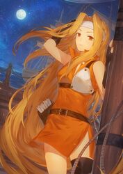  absurdly_long_hair absurdres armor arrow_(projectile) belt blonde_hair breastplate brigid_(fire_emblem) closed_mouth commission dress female fingerless_gloves fire_emblem fire_emblem:_genealogy_of_the_holy_war gloves hand_up headband highres long_hair looking_at_viewer moon muneate night night_sky orange_eyes protected_link rope ship single_thighhigh sky solo star_(sky) starry_sky takeno_(hashi_falcon) thighhighs very_long_hair watercraft 