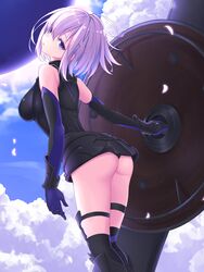  armor armored_dress ass black_dress breasts cloud dress elbow_gloves falling_petals fallstreak_hole fate/grand_order fate_(series) female gloves hair_between_eyes highres holding holding_shield kiukoma large_breasts looking_back mash_kyrielight petals purple_eyes purple_hair shield short_hair sky sleeveless sleeveless_dress solo thigh_strap two-tone_gloves 