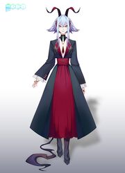  1other 3di_project androgynous artist_request black_dress blue_hair closed_mouth collared_shirt commentary dress english_commentary full_body goat_horns goat_tail gradient_background highres horns logo long_sleeves mortia_(3di) official_art shadow shirt short_hair short_hair_with_long_locks sidelocks solo virtual_youtuber wide_sleeves yellow_eyes 