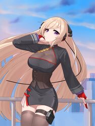  absurdres against_railing black_jacket black_skirt blonde_hair breasts cleavage commentary_request cowboy_shot female g3_(girls&#039;_frontline) g3_(mod3)_(girls&#039;_frontline) girls&#039;_frontline gloves headgear highres jacket korean_commentary large_breasts long_hair long_sleeves looking_at_viewer magazine_(weapon) miniskirt nabiyan outdoors purple_eyes railing red_gloves skirt smile solo thighhighs very_long_hair 