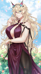  absurdres bare_shoulders barghest_(animejapan_2022)_(fate) barghest_(fate) black_pantyhose blonde_hair blue_sky bracelet breasts chiri_214 cleavage dress fate/grand_order fate_(series) female green_eyes heterochromia highres horns jewelry large_breasts long_hair looking_at_viewer o-ring official_alternate_costume pantyhose pelvic_curtain petals purple_dress red_eyes sky smile solo thighs 