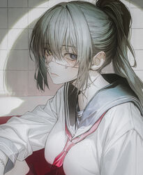  bath blood blood_in_water blue_eyes blue_neckerchief breasts closed_mouth expressionless female genderswap_(mtf) grey_eyes grey_hair hair_between_eyes heterochromia indoors jujutsu_kaisen long_hair looking_at_viewer mahito_(jujutsu_kaisen) medium_breasts neckerchief pale_skin ponytail rule_63 shadow shirt sidelocks simple_background sitting solo stitched_arm stitched_face stitched_neck stitches wall wanke white_shirt 