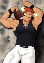  1boy american_football american_football_(object) american_football_uniform bad_id bad_pixiv_id ball bara biceps black_tank_top blurry blurry_background brown_hair bulge eye_black facial_hair fiery_horns forked_eyebrows glowing_horns goatee highres horns looking_at_viewer male_focus muscular muscular_male ninomiya_reisui_(chieh_ren) pants pectorals short_hair smile solo sportswear tank_top thick_eyebrows thick_thighs thighs tight_clothes tight_pants tokyo_afterschool_summoners wakan_tanka white_pants 