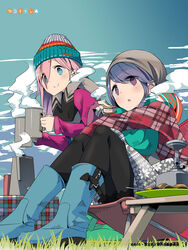  2girls afro_(kngotezo) backpacking_stove beanie black_pantyhose blanket blue_eyes blue_hair blue_sky boots chair closed_mouth cloud coffee_pot cup folding_chair folding_table food grass hat highres holding holding_cup holding_food kagamihara_nadeshiko multiple_girls official_art outdoors pantyhose parted_lips pink_hair plate portable_stove purple_eyes s&#039;more scarf shima_rin sidelocks sitting sky smile standing table tent winter_clothes yurucamp 