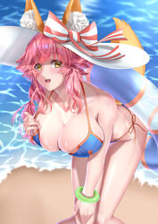  absurdres animal_ear_fluff animal_ears beach bikini blue_bikini breasts cleavage collarbone day duplicate ears_through_headwear fate/grand_order fate_(series) female fox_ears fox_girl fox_tail hat highres innertube kamehito large_breasts looking_at_viewer ocean open_mouth outdoors pink_hair pixel-perfect_duplicate ribbon side-tie_bikini_bottom solo sun_hat swim_ring swimsuit tail tamamo_(fate) tamamo_no_mae_(swimsuit_lancer)_(fate) tamamo_no_mae_(swimsuit_lancer)_(third_ascension)_(fate) yellow_eyes 