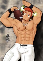  1boy abs american_football american_football_(object) american_football_uniform bad_id bad_pixiv_id ball bara biceps blurry blurry_background brown_hair bulge cowboy_shot dark-skinned_male dark_skin eye_black facial_hair feather_necklace fiery_horns forked_eyebrows glowing_horns goatee highres horns jewelry large_pectorals looking_at_viewer male_focus muscular muscular_male navel necklace ninomiya_reisui_(chieh_ren) nipples pants pectorals short_hair smile solo sportswear stomach thick_eyebrows thick_thighs thighs tight_clothes tight_pants tokyo_afterschool_summoners topless_male wakan_tanka white_pants 