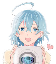  :d ahoge android bad_id bad_pixiv_id beige_sweater blue_eyes blue_hair collarbone cube earrings female hair_between_eyes highres holding hotori_chamura jewelry looking_at_viewer matsumoto_(vivy) open_mouth short_hair simple_background single_earring smile upper_body vivy vivy:_fluorite_eye&#039;s_song white_background 