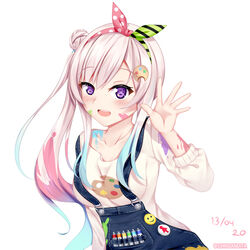  :d absurdres airani_iofifteen airani_iofifteen_(1st_costume) blue_hair blue_overalls blush breasts chrisandita collarbone commentary dated diagonal_stripes female green_hairband grey_hair hair_between_eyes hair_bun hair_ornament hairband hand_up highres hololive hololive_indonesia long_sleeves medium_breasts multicolored_hair open_mouth overalls paint_on_clothes paint_splatter paint_splatter_on_face polka_dot print_shirt purple_eyes red_hair red_hairband shirt side_ponytail simple_background single_hair_bun single_side_bun smile solo star_(symbol) star_in_eye striped symbol_in_eye teeth twitter_username upper_body upper_teeth_only virtual_youtuber white_background white_shirt 