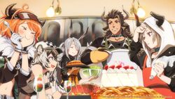  1boy 4girls animal_ear_fluff animal_ears apron arknights armband blush broken_horn cake christmas cliffheart_(arknights) closed_eyes commentary cookie cow_boy cow_girl cow_horns cream croissant_(arknights) cup drinking_glass earrings eating english_text food fruit funnel hat horns jewelry kitchen leopard_ears leopard_girl matterhorn_(arknights) mittens multiple_girls navel official_art oven_mitts pie pot rabbit_ears rabbit_girl salad salad_bowl savage_(arknights) scar scar_across_eye scar_on_face smile spoon strawberry tray vulcan_(arknights) wine_glass yostar_pictures 