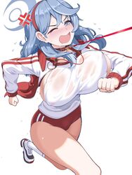  ako_(blue_archive) ako_(track)_(blue_archive) anger_vein animal_collar blue_archive blue_eyes blue_hair bouncing_breasts breasts buruma collar covered_nipples female hair_between_eyes hairband halo hasaya highres jacket large_breasts leash leash_pull long_hair long_sleeves official_alternate_costume one_eye_closed open_clothes open_jacket open_mouth red_buruma red_hairband running sideboob solo sweat track_jacket track_suit 