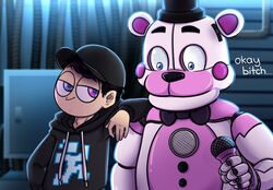  2020 5_fingers absurd_res aglitch69 animatronic animdude_(fnaf) anthro bear big_pupils black_eyebrows black_hair black_nose blue_eyes bow_tie clothed clothing dawko dawko_(character) dialogue dilated_pupils duo electronics ellipsis english_text eyebrows fingers five_nights_at_freddy&#039;s funtime_freddy_(fnafsl) hair half-closed_eyes hand_on_shoulder hat headgear headwear hi_res human looking_aside looking_down machine male mammal microphone multicolored_body narrowed_eyes o_o pink_body profanity pupils robot scott_cawthon scottgames short_hair sister_location smile smug standing sweater tan_body tan_skin text top_hat topwear white_body wide_eyed 