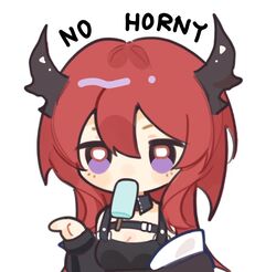  arknights black_collar black_dress breasts chibi cleavage collar demon_horns detached_collar dress female food food_in_mouth hair_between_eyes hand_up horns long_hair meme mouth_hold no_horny_(meme) popsicle purple_eyes red_hair simple_background solo surtr_(arknights) white_background xuan_(xxuanl0424) 