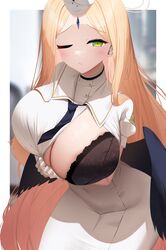  absurdres ayumu_(blue_archive) black_bra black_wings blonde_hair blue_archive bra breasts dress female forehead_jewel gloves green_eyes halo highres huge_breasts long_hair looking_at_viewer nicorima one_breast_out one_eye_closed solo taut_clothes underwear very_long_hair white_gloves wings 