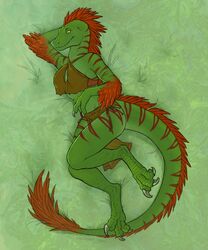  anthro bottomwear breasts claws cleavage clothed clothing dinosaur dromaeosaurid extinct feathers female green_body green_scales hair hi_res inkmaven loincloth looking_at_viewer lying non-mammal_breasts on_side pinup pose prehistoric_species red_hair reptile scales scalie smile solo stripes tail tail_tuft theropod toe_claws tuft uthalla velociraptor yellow_eyes 