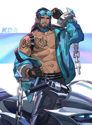  1boy abs absurdres bara bare_pectorals beard biceps bicycle black_hair body_hair broad_shoulders chains chest_hair collar facial_hair glasses gloves highres jacket large_pectorals league_of_legends looking_at_viewer male_focus manly mature_male muscular muscular_male navel navel_hair nipples open_clothes open_jacket pants pectorals sideburns solo sunglasses sylas_(league_of_legends) tattoo tengo_(maotengo) thick_arms 