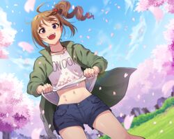  :d ahoge blue_shorts blue_sky blurry blurry_background brown_hair cherry_blossoms clothes_writing cloud cloudy_sky commentary day denim denim_shorts depth_of_field drill_hair dutch_angle female grass green_jacket hair_ornament hair_scrunchie idolmaster idolmaster_million_live! jacket jewelry kamille_(vcx68) lifebuoy_ornament long_sleeves looking_at_viewer navel necklace open_clothes open_jacket open_mouth outdoors purple_eyes red_scrunchie scrunchie shirt shirt_basket short_hair short_shorts shorts side_drill side_ponytail sky smile solo standing star_(symbol) star_necklace tree white_shirt wind yokoyama_nao 