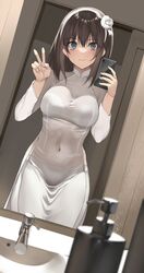  blue_eyes blush breasts brown_hair cellphone covered_navel cowboy_shot dutch_angle faucet female flower hair_flower hair_ornament hairband highres holding holding_phone kureha_(ironika) medium_breasts medium_hair mirror navel original phone selfie sliding_doors smile soap_dispenser solo tight_clothes translucent tsubasa_(kureha) v vietnamese_dress 