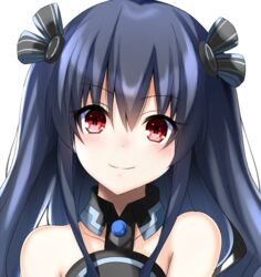  bare_shoulders black_hair collar commentary doria_(p_f_dolia) english_commentary female hair_between_eyes hair_ornament long_hair looking_at_viewer neptune_(series) portrait red_eyes simple_background smile smug solo two_side_up uni_(neptunia) white_background 