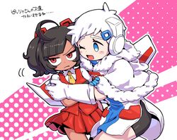  2girls airplane_wing annoyed aoi_rena autobot blue_eyes blush borrowed_design chibi collared_shirt dark-skinned_female dark_skin decepticon genderswap_(mtf) highres humanization jetfire multiple_girls necktie one_eye_closed red_eyes red_skirt rule_63 shirt short_hair skirt starscream transformers twintails v-shaped_eyebrows white_hair white_shirt yellow_necktie yuri 