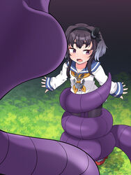  amagaeru_(hylathewet) arbok black_hair black_pantyhose blue_sailor_collar blush commentary_request commission constriction crossover dress female grass grey_hair hairband highres kantai_collection long_sleeves multicolored_hair neckerchief open_mouth orange_neckerchief pantyhose pokemon pokemon_(creature) purple_eyes rudder_footwear sailor_collar sailor_dress short_hair_with_long_locks skeb_commission standing tokitsukaze_(kancolle) white_dress 