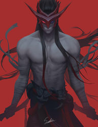  1boy absurdres artist_name bandages belt biceps black_hair blue_eyes highres katana league_of_legends long_hair looking_at_viewer male_focus manly mask mature_male midriff_sarashi muscular muscular_male pants pectorals red_background red_eyes sarashi saturn_(satscarlet) scar scar_on_face solo sword topless_male veins weapon yone_(league_of_legends) 