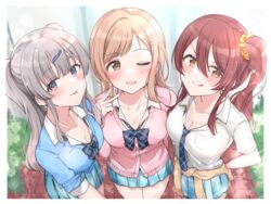  cleavage oosaki_tenka sakuragi_mano seifuku shiitake_taishi sweater the_idolm@ster the_idolm@ster_shiny_colors yuukoku_kiriko 