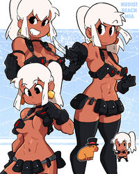  abs biceps black_eyes black_gloves black_headwear black_thighhighs blue_background breasts character_name chest_harness cleavage dark-skinned_female dark_skin earrings female gloves harness hat highres holding holding_knife holster jewelry knife long_hair multiple_views navel nudist_beach_uniform original outline ponytail revealing_clothes scott_malin shoulder_holster sidelocks thighhighs top_hat white_hair white_outline 