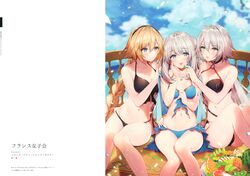  3girls :d absurdres ahoge animal apple apple_slice artist_name ass bare_arms bare_legs bare_shoulders bikini bird black_bikini blonde_hair blue_bikini blue_eyes blue_sky blush braid breasts brown_eyes bubble cleavage closed_mouth cloud cloudy_sky collarbone copyright_name day fate/grand_order fate_(series) food front-tie_bikini_top front-tie_top fruit grapes grey_hair groin hair_between_eyes hairband halterneck hand_on_own_cheek hand_on_own_face hand_up highres holding holding_food jeanne_d&#039;arc_(fate) jeanne_d&#039;arc_(swimsuit_archer)_(fate) jeanne_d&#039;arc_(swimsuit_archer)_(first_ascension)_(fate) jeanne_d&#039;arc_alter_(fate) jeanne_d&#039;arc_alter_(swimsuit_berserker)_(fate) jewelry kiwi_(fruit) kiwi_slice large_breasts long_hair looking_at_viewer marie_antoinette_(fate) marie_antoinette_(swimsuit_caster)_(fate) marie_antoinette_(swimsuit_caster)_(third_ascension)_(fate) medium_breasts multiple_girls navel necklace necomi ocean open_mouth orange_(fruit) orange_slice outdoors parted_lips petals plate scan side-by-side single_braid sitting sky smile sparkle stomach swimsuit thighs tied_hair tray twintails very_long_hair water water_drop watermelon yellow_eyes 