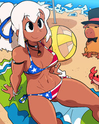  abs american_flag american_flag_bikini american_flag_print ball beach beachball biceps bikini black_bow black_bowtie black_choker black_eyes black_hat blue_ribbon bow bowtie bracelet breasts breasts_apart capybara choker dark-skinned_female dark_skin feet_out_of_frame female flag_print hair_ribbon hat highres jewelry long_hair medium_breasts mia_(scott_malin) navel necklace original ponytail print_bikini ribbon scott_malin shadow smile solo swimsuit top_hat water white_hair white_nails 