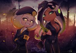  2girls armband bad_google+_id bad_id bad_link belt beret between_breasts blonde_hair breasts burnt_tree cephalopod_eyes cleavage colored_skin dark-skinned_female dark_skin embers fire glowing glowing_eyes green_eyes green_hair hat headphones inkling jewelry large_breasts looking_at_another marina_(splatoon) mask md5_mismatch military military_hat mole mole_under_mouth multicolored_hair multicolored_skin multiple_girls necklace octoling pale_color pale_skin pearl_(splatoon) puchiman smoke splatoon_(series) splatoon_2 splatoon_2:_octo_expansion suction_cups tentacle_hair uniform yellow_eyes 