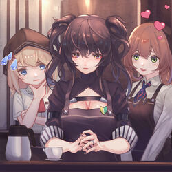  3girls alternate_costume apron black_dress black_hair blonde_hair blue_eyes breasts brown_hair check_commentary chinese_commentary cleavage commentary_request cup dress emoticon g36_(girls&#039;_frontline) girls&#039;_frontline green_eyes head_scarf headband heart highres jewelry multiple_girls orange_eyes ring sangvis_ferri scarecrow_(girls&#039;_frontline) short_hair shoshinsha_mark springfield_(girls&#039;_frontline) sweatdrop two_side_up wedding_ring xyufsky 