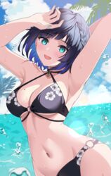  :d absurdres aqua_eyes armpits arms_up bikini black_bikini blue_sky braid breasts commentary_request diagonal_bangs female genshin_impact halterneck highres looking_at_viewer medium_breasts medium_hair mole mole_on_breast ocean rererere_mon side_braid sky smile solo swimsuit water yelan_(genshin_impact) 