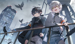  2boys absurdres arknights armband belt bird bishounen black_hair black_shirt blue_eyes cowboy_shot crow dagger faust_(arknights) formal green_eyes highres jacket knife kokunen_aoteci male_focus mephisto_(arknights) multiple_boys open_mouth outdoors pointy_ears shirt suit urban weapon white_hair white_shirt 