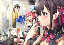  4girls :t ahoge applying_makeup azki_(hololive) bag baseball_cap bell black_dress black_hair black_headwear blush bottle bow breasts brown_hair colored_inner_hair commentary corset cosmetics dress eating facial_mark food food_on_face green_eyes hair_bell hair_between_eyes hair_iron hair_ornament hair_ribbon hair_straightener hand_up hands_up hat highres holding holding_food holding_lipstick_tube hololive hololive_idol_uniform hoshimachi_suisei id_card indoors jingle_bell kito_koruta lanyard lipstick_tube looking_at_another medium_breasts mirror multicolored_hair multiple_girls nail_polish official_alternate_costume one_side_up open_mouth parted_lips pink_bow pink_hair pink_nails pink_ribbon purple_eyes ribbon sakura_miko shirt short_sleeves sitting sleeveless sleeveless_dress standing virtual_youtuber white_dress x_hair_ornament yellow_eyes yellow_shirt 