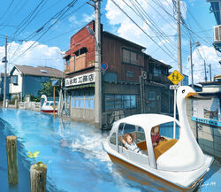  2girls boat brown_hair building city cloud commentary driving fence flood hachiya_shohei highres multiple_girls original outdoors poster_(object) power_lines road_sign scenery short_hair short_sleeves sign sitting swan_boat utility_pole water watercraft 