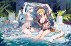  2girls absurdres alchemy_stars aochoku arm_up bikini bikini_skirt black_bikini blonde_hair braid breasts brooch carleen_(alchemy_stars) carleen_(sea_breeze)_(alchemy_stars) cleavage closed_mouth coconut collarbone commentary drinking_straw elbow_gloves english_commentary flower frilled_bikini frills fruit_cup gloves hair_ornament halterneck hibiscus highres jacket jewelry large_breasts long_hair looking_at_viewer medium_breasts mismatched_bikini multiple_girls navel official_alternate_costume one_eye_closed open_clothes open_jacket open_mouth plant pool poolside sarong see-through see-through_jacket shade short_hair sideboob sidelocks sitting smile soaking_feet swept_bangs swimsuit tail tied_hair vice_(alchemy_stars) vice_(ray_of_sunshine)_(alchemy_stars) wariza water white_gloves white_hair yellow_eyes 