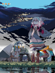  2girls afro_(kngotezo) beanie blanket blue_eyes blue_hair blue_sky boots chair city_lights cityscape closed_mouth cloud cup folding_chair folding_table grass green_pants hat highres holding holding_cup kagamihara_nadeshiko lake mountain multiple_girls official_art outdoors pants parted_lips pink_hair portable_stove purple_eyes scarf shima_rin sidelocks sitting sky smile standing table tent winter_clothes yurucamp 