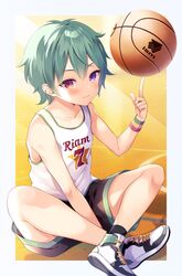  1boy bad_id bad_twitter_id ball bare_arms basketball basketball_(object) basketball_jersey basketball_uniform commentary_request green_hair highres holding holding_ball looking_at_viewer male_focus nanohana_kohina orb original playing_sports purple_eyes shoes short_hair shorts simple_background smirk sneakers solo sportswear 