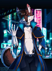  anthro ariverofstars aura_(aurathedanishhusky) belly_tattoo blue_eyes brown_body brown_fur brown_hair canid canine canis city city_background city_skyline cityscape cloak clothed clothing collar cybernetic_arm cybernetic_eye cybernetic_limb cybernetics cyberpunk digital_media_(artwork) domestic_dog ear_piercing english_text fluffy fluffy_chest fluffy_ears fluffy_tail footprint fur glowing glowing_eyes hair hi_res husky looking_at_viewer machine male mammal markings mechanical_arm nordic_sled_dog ocular_prosthetic pawprint pawprint_(marking) pawprint_tattoo piercing police police_uniform prosthetic security simple_background solo spitz tail tattoo text uniform watermark 