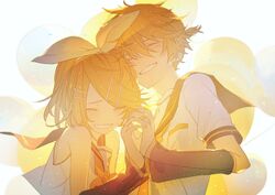  1boy anniversary arm_warmers bad_google+_id bad_id bad_link balloon blonde_hair closed_eyes female hair_ribbon happy holding_hands interlocked_fingers kagamine_len kagamine_rin md5_mismatch necktie ponytail ribbon sailor_collar shirt short_hair siblings simple_background smile twins vocaloid white_background white_shirt yellow_nails zero_(jckz2334) 