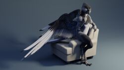  16:9 2020 3d_(artwork) 4_toes 5_fingers anisodactyl anthro arm_tuft avian avian_arms avian_feet beak bird black_body black_feathers blender_(artwork) blue_eyes chair chest_tuft claws corvid digital_media_(artwork) digitigrade elbow_tuft feathered_wings feathers feet finger_claws fingers full-length_portrait furniture gradient_background grey_body grey_feathers hi_res jykinturah_(character) looking_at_viewer magpie_(corvid) male nude oscine passerine pinup portrait pose ruaidri scales scuted_arms scuted_feet scuted_hands scutes simple_background sitting solo tail tail_feathers toe_claws toes tuft white_body white_feathers widescreen wings 