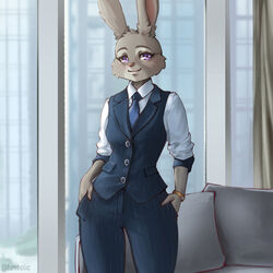  1:1 anthro bracelet clothed clothing collared_shirt digital_drawing_(artwork) digital_media_(artwork) digital_painting_(artwork) disney female formal_wear furrholic grey_body jewelry judy_hopps lagomorph leporid mammal necktie pinstripes purple_eyes rabbit smile solo suit suit_and_tie topwear vest zootopia 