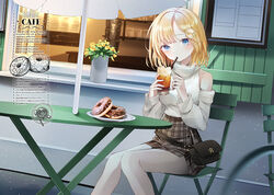  bag bare_shoulders blonde_hair blue_eyes blush bob_cut breasts brown_skirt cafe clothing_cutout cup detached_sleeves doughnut drinking drinking_straw drinking_straw_in_mouth female flower food hair_ornament handbag holding holding_cup hololive hololive_english iced_tea long_sleeves looking_at_viewer medium_breasts medium_hair monocle nabi_(uz02) outdoors pantyhose plant pleated_skirt potted_plant ribbed_shirt ribbed_sleeves shirt shirt_tucked_in shoulder_cutout sitting skirt solo table turtleneck umbrella virtual_youtuber watson_amelia white_pantyhose window windowsill yellow_flower 