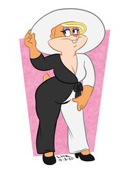  3:4 anthro breasts buckteeth cleavage clothed clothing eyeshadow female footwear hat headgear headwear high_heels jumpsuit lagomorph largehadronkalidah leporid makeup mammal mature_anthro mature_female patricia_bunny rabbit shoes simple_background slightly_chubby solo teeth the_looney_tunes_show warner_brothers white_background 