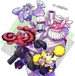  1boy absurdres animal_on_arm aoi_rena bird bird_on_arm black_eyes clenched_hand crossover decepticon highres holding holding_poke_ball looking_at_viewer looking_to_the_side looking_up mecha megatron open_hand oricorio oricorio_(baile) oricorio_(pa&#039;u) oricorio_(pom-pom) oricorio_(sensu) poke_ball pokemon pokemon_(creature) red_eyes robot transformers transformers:_generation_1 