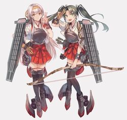  2girls arrow_(projectile) bow_(weapon) brown_gloves commentary dark_green_hair flight_deck full_body gloves green_eyes grey_legwear hairband hakama hakama_short_skirt hakama_skirt headband highres holding holding_bow_(weapon) holding_weapon japanese_clothes kantai_collection kasumi_(skchkko) long_hair looking_at_viewer machinery multiple_girls muneate partially_fingerless_gloves quiver red_headband shoukaku_(kancolle) shoukaku_kai_ni_(kancolle) single_glove skirt tasuki thighhighs twintails weapon white_hair yugake yumi_(bow) zuikaku_(kancolle) zuikaku_kai_ni_(kancolle) 